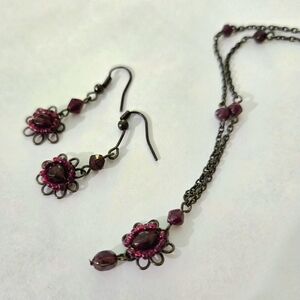Vintage ruby red beaded necklace and dangle earring set, bronze/dirty gold chain